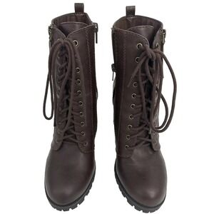 SODA Malia Women Round Toe Stacked Lug Heel Lace Up Ankle Combat Booties Brwn 10